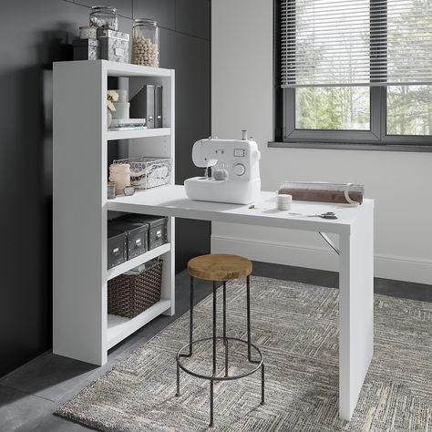 The Bush Business Furniture Echo Bookcase Desk brightens the workspace, kitchen or craft room with a contemporary charm and unique space-saving design. Bookcase Desk, Grey Desk, Craft Desk, Kathy Ireland, Organize Fabric, Hobby Room, Business Furniture, Bush Furniture, Sewing Table