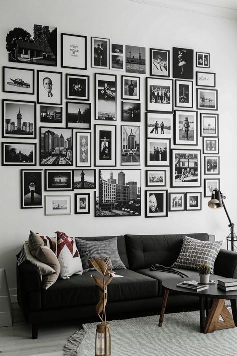 Elevate your living room with black and white photo collages! Discover stylish wall decor ideas for a minimalist aesthetic. From classic portraits to abstract prints, create a gallery wall that reflects your unique style. #walldecor #livingroomdesign #blackandwhiteaesthetic Black And White Photo Gallery Wall, Cafe Wall Color, Room Photo Collage, Living Room Decor Black And White, Taproom Ideas, Wall Behind Couch, Black And White Gallery Wall, Room Decor Black And White, Indian Living Room Design