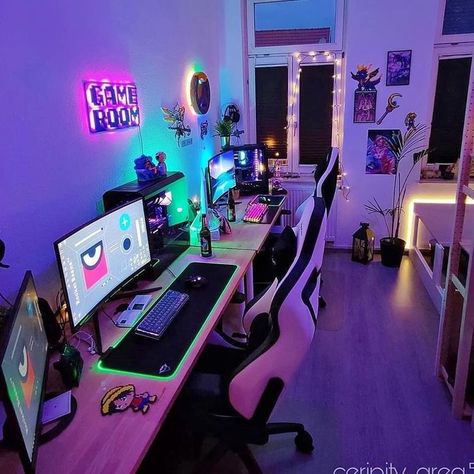 Couple Gaming Room Setup, Gamer Bedroom, Small Game Rooms, Gaming Rooms, Computer Gaming Room, Couple Room, Gamer Setup, Gamer Room Decor, Otaku Room