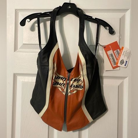 Rare Harley Davidson Bustier Vest Top. Classic Harley Davidson Orange And Black Logo With A Zipper In The Middle. Real Leather With Extra Halter Features. Harley Davidson Womens Clothing, Harley Gear, Leather Halter Top, Biker Wear, Harley Shirts, Harley Davidson Clothing, Classic Harley Davidson, Harley Davidson Bike, Davidson Bike