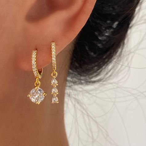 925 Sterling Silver Huggie Hoop Crystal Drop Dangle Gold Earrings – ANETT Gold Jewelry Earings, Formal Jewelry Gold Earrings, Earrings Gold Diamond, Formal Gold Earrings, Gold Elegant Earrings, Gold Earrings Formal, Gold Prom Jewelry Earrings, Gold Dangly Earrings, Gold Prom Accessories