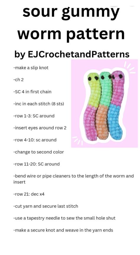 Crochet Worms Free Pattern, Crochet Gummy Worm Pattern, Crochet Gummy Worm Free Pattern, Gummy Worm Crochet Pattern, Crochet Gummy Bear Pattern, Crochet Gummy Worm, Crochet Worry Worm, Crochet Worm, Worm Crochet Pattern