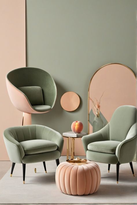 How To Take Center Stage: Eye-Popping Elegance with Sage Green and Peach Chairs [2024] #Ad #homedecor #homedesign #fixhome #Painthome #interiorarchitecture Sage Green And Peach Living Room, Peach Green Living Room, Light Pink And Green Living Room, Sage Green And Blush Aesthetic, Green Peach Bedroom, Green Wall In Living Room, Pistachio Room, Living Room With Pop Of Color, Peach Room Ideas