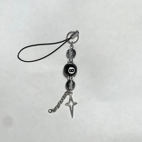 8 ball
goth
grunge 
phone charm
handmade 
beaded
aesthetic Eight Ball Keychain, Emo Keychains, Goth Keychains, Grunge Keychain, 8 Ball Keychain, Grunge Crafts, Monica Outfits, Y2k Charms, Goth Keychain