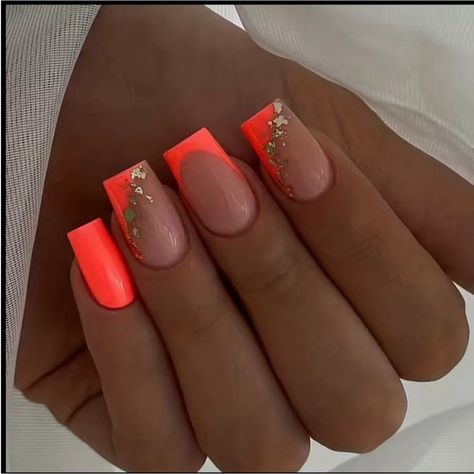 24 Piece Square Orange & Gold Glitter French Tip Press On Nails Boutique Items Are New Length Short-Medium Shape Square Color Orange With Gold Glitter Poshmark Ambassador Ll Top Seller Fast Shipping With Considerate Packaging White To Hot Pink Ombre Nails, Short Beach Acrylic Nails, Shades Of Red Nail Designs, Cute Nails For Women, Summer August Nails, Coral Nails With Gold Foil, Coral Orange French Tip Nails, Square Homecoming Nails, Short Square Acrylic Nails October