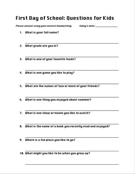 Questions for first day of school First Day Of School Questions, School Questions, Questions For Kids, Beginning Of Year, Morning Message, School Daze, Stretch Mark, Memory Keeping, Kid Activities