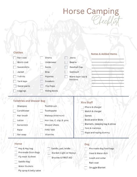 Camping With Horses Checklist, Horse Camping Checklist, Horse Camp Packing List, Horse Show Packing List, Horse Checklist, Horse Show Checklist, Equine Science, Horse Camping, Trail Riding Horses