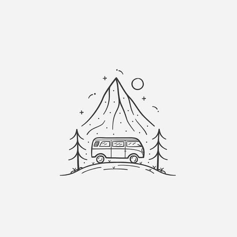 Camper Drawing, Happy Camper Sign, Travel Tattoo Ideas, Follow The Light, Travel Tattoos, Digital Photography Backdrops, Mountain Drawing, Passport Stamps, Travel Drawing