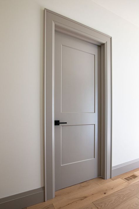 White Walls Grey Doors And Trim, Grey Bedroom Doors White Trim, Grey Door White Walls, Grey Doors White Walls Interior, Gray Inside Doors, Panelled Interior Doors, Door Casing And Baseboard, Doors For Rooms Bedrooms, Grey Interior Doors And Trim