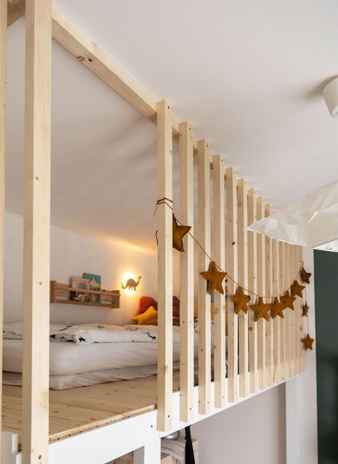 Ikea Loft Hack, How To Build A Loft Bed, Ikea Hack Loft Bed, Diy Kura Bed, Diy Loft Bed For Kids, Built In Loft Bed, Ikea Loft Bed Hack, Cozy Loft Bed, Kura Loft Bed