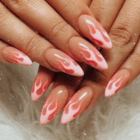 Fire Nails Designs Almond, Fire Almond Nails, Flame Nail Art, Golden Nails, Seasonal Nails, Almond Nails Designs, Soft Nails, Colorful Nail Designs, Hair Skin Nails