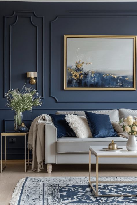 How to Design a Chic Living Room Around a Grey Sofa: 45+ Ideas! Navy Blue Sitting Room Decor, Grey And Navy Living Room Ideas, Navy Sitting Room, Living Room Design Navy, Navy Blue Interior Design, Navy Blue And Grey Living Room, Blue Grey Living Room, Blue Sofas Living Room, Blue Walls Living Room