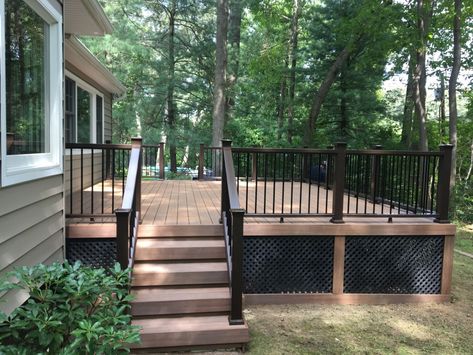 Deck Ideas Back Of House, Backdoor Deck Ideas, Add Deck To Front Of House, Back Deck With Railing, Backyard Deck And Pool, Deck Ideas Small Backyard, Modern Wood Deck Designs, Deck Ideas Around Pool, Back Deck Ideas For Ranch Style House