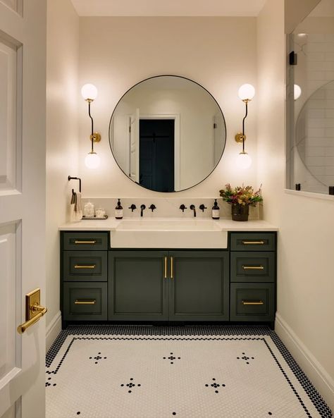 Coeur d'Alene Lake House Dark Green Bathrooms, Black And White Tiles Bathroom, Black Vanity Bathroom, Bathroom Vanity Designs, White Bathroom Tiles, Black And White Tiles, Up House, Green Bathroom, Small Bathroom Decor