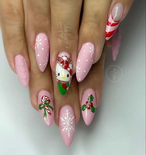 @jadetangtheartist Hello Kitty Christmas Nails Acrylic, Hello Kitty Nails Christmas, Christmas Nails Hello Kitty, Sanrio Christmas Nails, Aesthetic Christmas Nails Acrylic, Kawaii Christmas Nails, Hello Kitty Christmas Nails, Christmas Nails Short, Christmas Hello Kitty