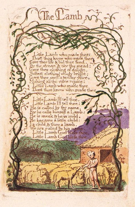 Little Lamb I'll tell thee,   Little Lamb I'll tell thee;   He is called by they name,   For he calls himself a Lamb:   He is meek and mild,   He became like a child:   I a child & thou a Lamb,   We are called by his name.     -William Blake, "The Lamb" Songs of Innocence & of Experience William Blake Poems, Songs Of Innocence, Innocence Project, William Blake, The Lamb, Pin Image, Illuminated Manuscript, Mead, Library Of Congress
