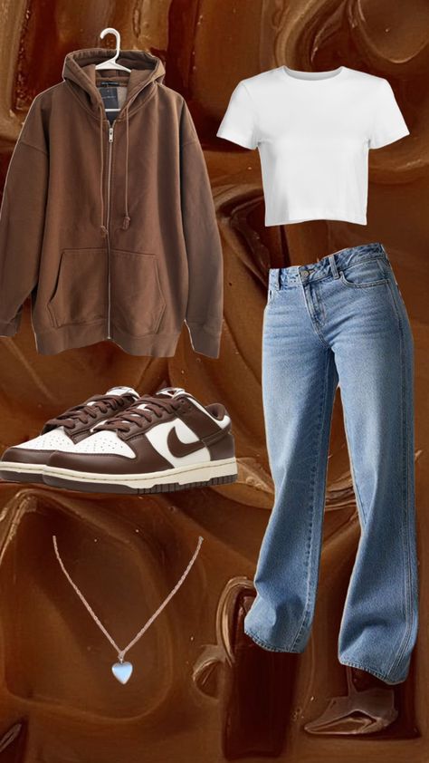 Cacao dunk outfit inspo Dunks Outfit Woman, Dunk Outfits, Panda Outfit, Dunk Outfit, Dunks Outfit, Simple Winter Outfits, Teen Swag Outfits, Brown Outfit, Cute Fall Outfits