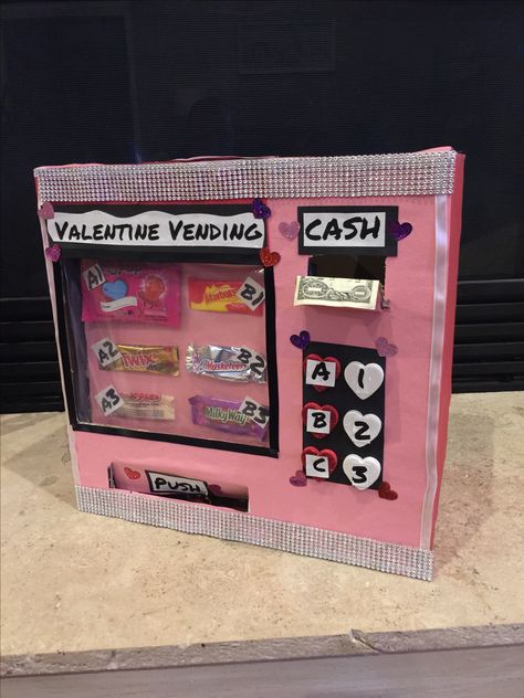 Our vending machine Valentine Box Cardboard Vending Machine, Unique Valentine Box Ideas, Kids School Gifts, Valentine's Boxes, Valentine Box Ideas, Girls Valentines Boxes, Valentine Boxes For School, Class Crafts, Box Valentine