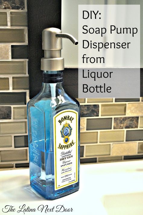 DIY Soap Dispenser From a Liquor Bottle - Site tells you where to get the pumps! Diy Soap Dispenser, Soap Dispenser Diy, Alcohol Bottle Crafts, Dispenser Diy, Savon Diy, Liquor Bottle Crafts, Mason Jar Bathroom, Soap Pump Dispenser, Alcohol Bottles