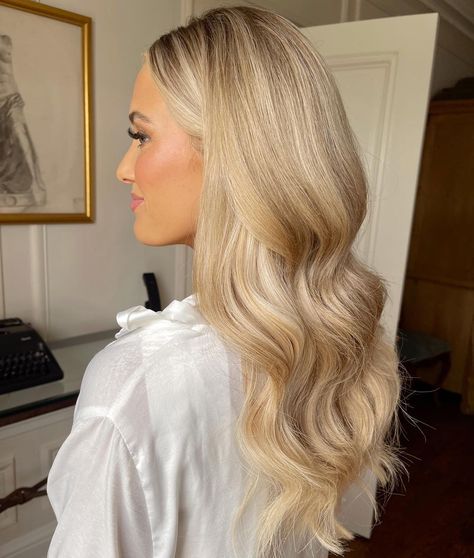 Bangs Back Wedding Hair, Long Hair Curls For Wedding, Amanda Stanton Wedding Hair, Bridal Hair Down Medium Length Curls, Bangs Pinned Back Hairstyles Wedding, Simple Elegant Bridal Hair, Champagne And Chanel Wedding Hair, Wedding Hair Big Waves, Slicked Back Bangs Hair Down Curly