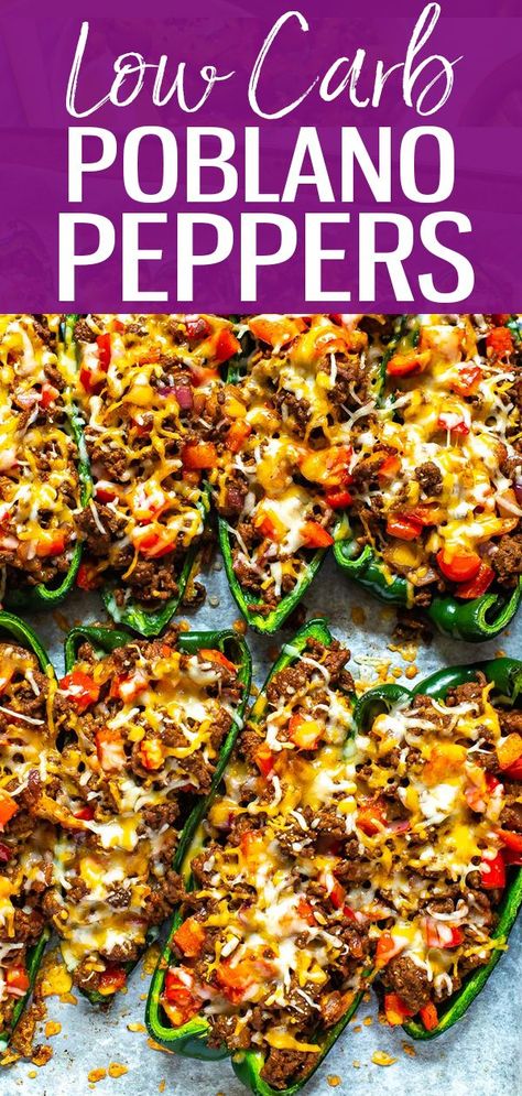 These Low Carb Stuffed Poblano Peppers are a healthy Mexican dinner idea stuffed with ground beef, red peppers, onions, and a topping of cheddar cheese and cilantro! - The Girl on Bloor #stuffedpoblanopeppers #mexicanrecipe #lowcarb Healthy Mexican Dinner, Poblano Peppers Recipes, Healthy Mexican Recipes, Healthy Low Carb Dinners, Chile Poblano, Poblano Peppers, Healthy Mexican, Boiled Egg Diet Plan, Mexican Dinner