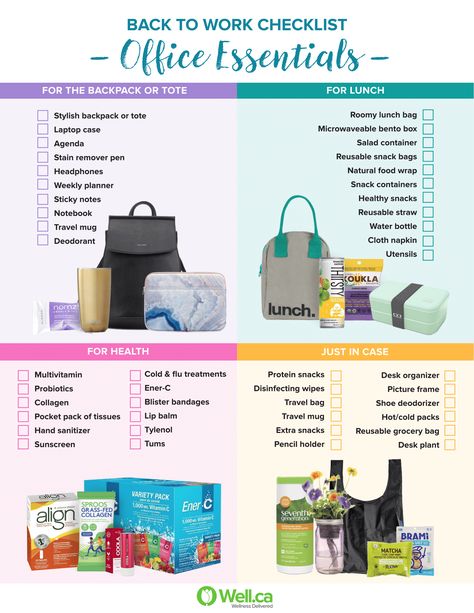 First Day Of Work Essentials, Work Bag Necessities, Lunch Bag Essentials, Office Work Bag Essentials, First Day Of Work Checklist, Work Bag Essentials List, Office Essentials Checklist, Bag Essentials Everyday Work, Work Bag Checklist