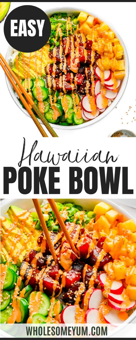 Hawaiian Poke Bowl Tuna With Rice, Tuna Sushi Bowl, Tuna Poke Recipe, Salmon Poke Bowl Recipe, Tuna Poke Bowl Recipe, Hawaiian Poke Bowl, Hawaiian Poke, Sushi Bowl Recipe, Poke Recipe