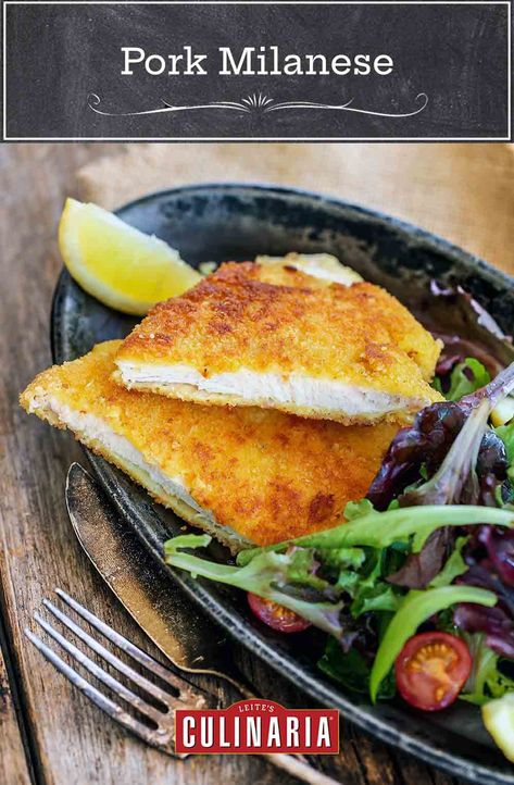 This simple, classic pork Milanese from Mario Batali is a perfect spring weeknight meal. #easyrecipes #mariobatali #weeknightrecipes #pork Pork Milanese Recipe, Mario Batali Recipes, Pork Milanese, Milanese Recipe, Easter Dishes, Celebrity Recipes, Mario Batali, Pork Cutlets, Arugula Salad