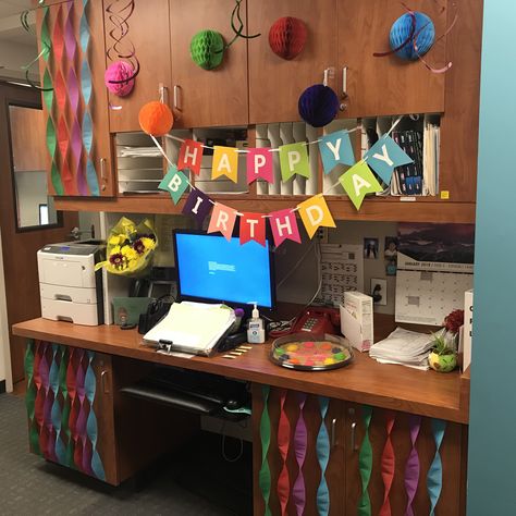 Decorated my co-worker’s desk with party streamers & a birthday banner. 1-24-19 30th Birthday Office Decorations, Decorating Coworkers Desk For Birthday, Coworker Birthday Ideas Offices Desks, Birthday Work Desk Decorating Ideas, Coworker Birthday Desk Decorating Ideas, Co Worker Birthday Desk Decorating Ideas, Birthday Desk Decorations, Birthday Desk Decorations Offices, Coworker Birthday Ideas Offices