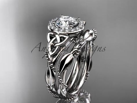 Unique Celtic Engagement Rings 14k White Gold Moissanite Engagement Ring Celtic Ring by AnjaysDesigns Celtic Engagement Rings Irish, Leaf Wedding Ring Set, Knot Wedding Ring, Celtic Knot Wedding Ring, Celtic Wedding Ring Sets, Celtic Knot Engagement Ring, Irish Wedding Rings, Black Diamond Wedding Rings, Celtic Engagement Rings