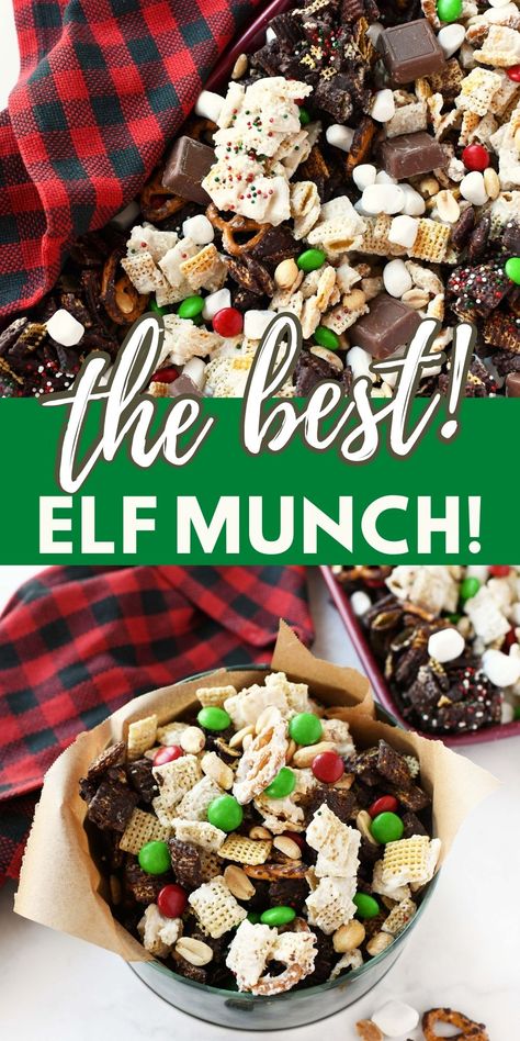 Elf Munch Snack Mix. This Elf Munch Snack Mix is perfect because it uses ingredients like pretzels, cereal squares, peanuts and other snacks you probably already have around the house! The best part? It's super easy to make! You just need two handfuls of each ingredient, and chocolate morsels! Celebrate Scout Elf Return week with this Christmas mix! via @savvysavingcoup Christmas Snack Mix Recipes, Reindeer Munch, Christmas Munch, Healthy Christmas Snacks For Kids, Cereal Squares, Chocolate Snack Mix, Christmas Snack Mix, Healthy Christmas Snacks, Christmas Diy Food