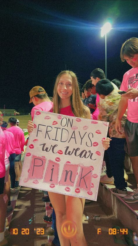 Football pink out student section themed sign Pink Out Outfits Football Game, Pink Out Football Game Outfits Ideas, Dig Pink Poster Ideas, Pink Out Ideas Spirit Week, Pinkout Ideas Football Pink Out, Pink Out Signs Football, Pink Out Poster Ideas, Pink Out Outfit Ideas, Pink Out Game Posters