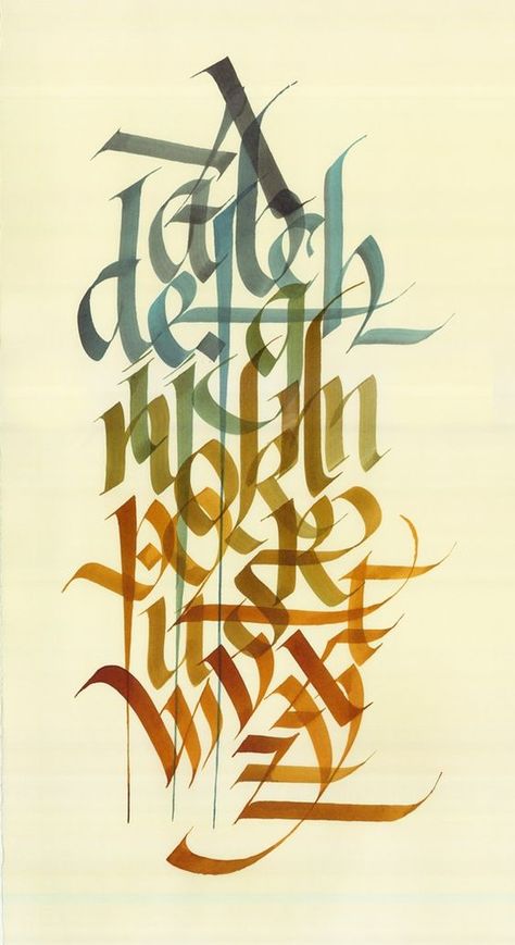 Artist: Dennis Goddard London, ON, Canada | Original calligraphy of the 26 Latin letters in the western alphabet. Hand rendered on hand made Italian water colour paper | 10 x 18 inches: English Calligraphy Art Design, Hand Rendered Type, Italian Calligraphy, Western Calligraphy, Western Alphabet, Latin Calligraphy, Latin Letters, Italian Water, Calligraphy Types