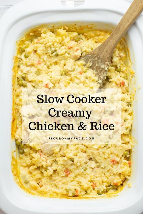 Slow Cooker Creamy Chicken and Rice Recipe Chicken And White Rice, Crock Pot Rice, Crock Pot Creamy Chicken, Chicken In Crock Pot, Crockpot Rice Recipes, Slow Cooker Chicken Rice, Chicken And Rice Crockpot, White Rice Recipes, Slow Cooker Creamy Chicken