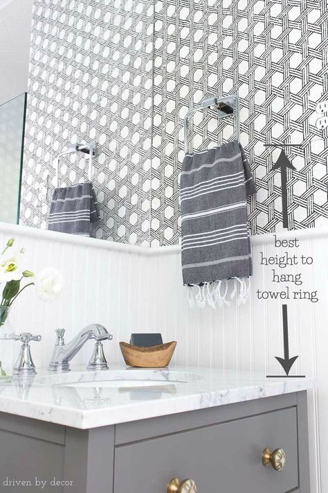 Great tip for how high to hang a towel ring in your bathroom. Check out all of the other helpful bathroom measurements included in this post! Towel Bars In Bathroom, Towel Ring Placement, Towel Bar Height, Bathroom Measurements, Bathroom Hand Towel Holder, Bathroom Towel Ring, Driven By Decor, Decorating Bathroom, Bad Inspiration