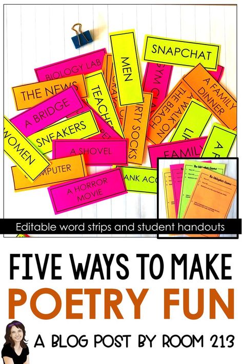 Teaching poetry? Avoid the groans from your students by making the process a little more fun for them. Room 213 has strategies and free activities that you can use to get your students interested in (and less afraid of) poetry. #poetrylessons #middleschoolela #highschoolenglish #teachingpoetry #figurativelanguage Poetry Stations Middle School, Poetry Unit High School, Poetry For Elementary Students, Fun Poetry Activities For Middle School, Middle School Poetry Activities, Poetry Activities Middle, Teaching Poetry High School, Teaching Poetry Middle School, Poetry High School