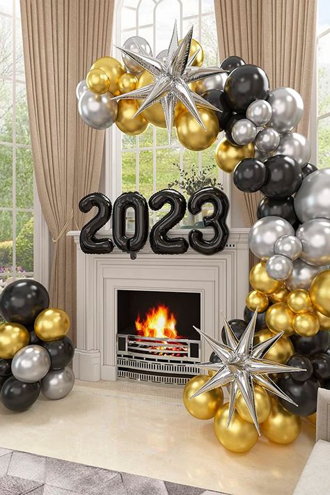 HOUSE OF PARTY New Years Eve Balloon Garland Kit - Gold Black Silver Balloons with Star and 2023 Foil Balloon Cheers Happy New Year Decorations Gold And Silver Balloon Garland, Graduation Balloon Arch, Silver Balloon Garland, Black And Gold Balloons, Gold Party Decorations, Graduation Balloons, Silver Balloon, Balloon Arrangements, Christmas Balloons