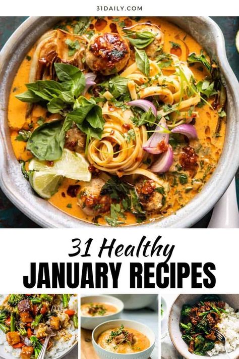 If you've resolved this month to cook healthy, delicious meals, you'll love these healthy recipes to make in January. From cozy soups and casseroles to dinner recipes, and breakfast ideas. Healthy January, January Recipes, Cozy Soups, Recipes Winter, Curry Chicken And Rice, Tuscan Bean Soup, 31 Daily, Oven Roasted Cauliflower, Curried Lentil Soup