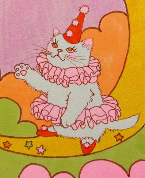 Clown Circus Aesthetic, Vintage Clown Illustration, Clown Cat Art, Clown Cat Drawing, Kitschy Illustration, Pink Clown Aesthetic, Clown Art Aesthetic, Vintage Clown Art, Cute Clown Art