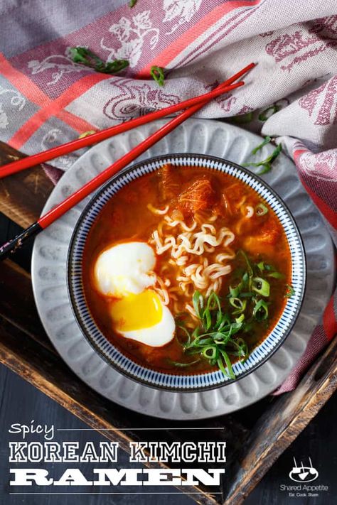 Spicy Korean Kimchi Ramen - Shared Appetite Ramen With Pork, Kimchi Ramen, Curry Ramen, Korean Kimchi, Homemade Ramen, Spicy Korean, Spicy Pork, Ramen Recipes, Cat Treat Recipes