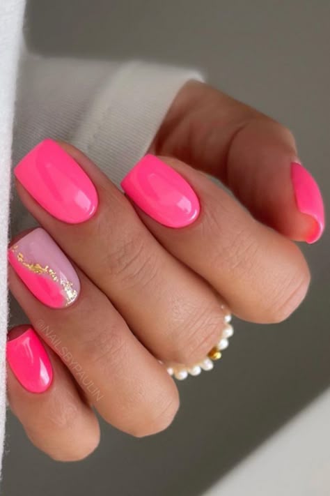 40 Cute Pink Nails Ideas For 2024 Pink Nails With One Design Nail, Short Pink Manicure Ideas, Pink Finger Nail Designs, Bright Pink Nails With Accent Nail, Bright Pink Holiday Nails, Simple Nails Hot Pink, Summer Pink Nails Short, Pink Fun Nail Designs, Easy Short Acrylic Nails