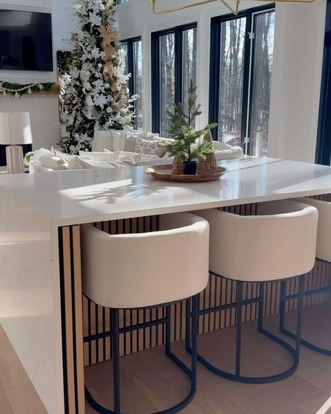 Island Kitchen Waterfall, Two Kitchen Islands, Mini Kitchen Island, Kitchen Island Frame, Modern Shaker Kitchen, Waterfall Island Kitchen, Architecture Ceiling, Open Concept Great Room, Kitchen Island Dining Table