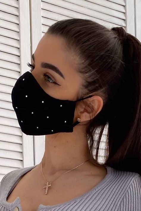 Black Mask With Crystals #blackmasks It is time to replace your simple pattern face mask to something much more stylish! #facemask #mask #fashion #outfit Chinese Wisdom, Mask Fashion, Trendy Face Masks, Black Face Mask, Cute Face Mask, Face Mask Design, Face Mask Fashion, Mouth Mask, Black Mask