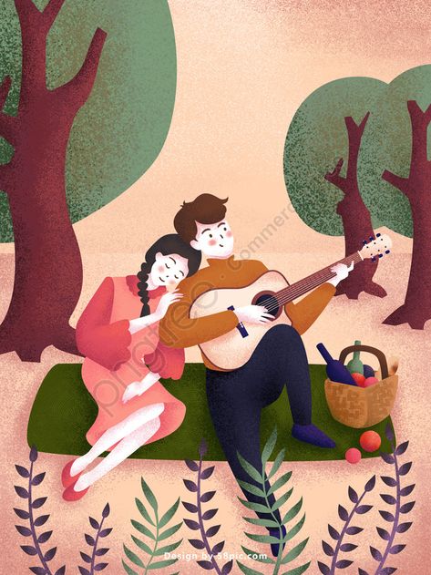 Intimate Couple Going Out For A Picnic Playing Guitar Original Illustration Poster illustration image Playing Guitar Illustration, Guitar Couple, Picnic Illustration, Typography Background, Couple Scene, Singing Drawing, Painting Love Couple, Reading Books Illustration, Pink Clouds Wallpaper