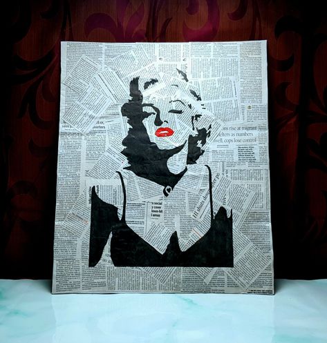 Canvas Newspaper Art, Newspaper On Canvas Art, Newspaper Canvas Painting, Pop Art On Newspaper, Painting With Book Pages, Painting Over Newspaper, Art For Exhibition, Drawing In Newspaper, Newspaper Pop Art