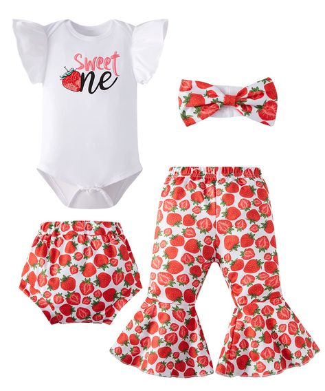 PRICES MAY VARY. Our outfits is made of cotton blend, skin-friendly fabric,comfy and convenient to wear. It is designed with Cow Sweet One Doughnut Strawberry cute print. It's will be unique to baby as her first birthday. This outfit is perfect for your baby first birthday day, photo or best baby shower.Makes your baby more special! A super funny birthday gift idea, it will make the baby outstanding and cute. Package including: 1* romper shirt+ 1*long flared pant + 1*short pant + 1*headband. Bab Baby Girls First Birthday, Strawberry Romper, Strawberry Cute, Twin First Birthday, First Birthday Party Themes, First Birthday Themes, Flared Leggings, Funny Birthday Gifts