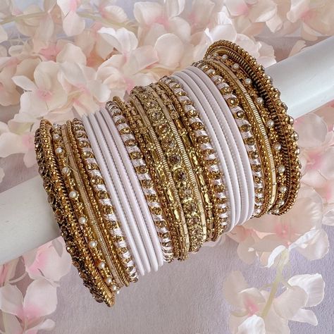 White Bridal Bangles, Antique Gold Bangles, Bangle Stack, Bridal Jewelry Sets Brides, Golden Crystal, Colorful Bangles, Indian Accessories, White Gold Bangle, Gold Bangle Set