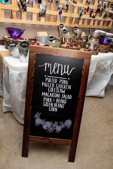 Pulled Pork Catering Ideas, Pulled Pork Wedding Buffet, Bbq Bar Ideas Buffet, Bbq Buffet Table Ideas, Bbq Wedding Reception Decoration, Wedding Menu Sign, Bbq Wedding Reception, Backyard Engagement, Reception Buffet