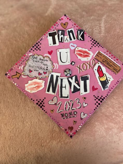 Thank You Next Graduation Cap, Clueless Grad Cap, Senior Caps, Senior Boxes, Graduation Activities, Creative Graduation Caps, College Grad Cap Ideas, Grad Quotes, Graduation Cap Decoration Diy