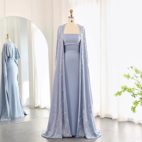 Wedding Guest Abaya, Royalty Dresses Gowns, Dress With Cape Gowns, Modest Ball Gowns, Cape Sleeves Gown, Blue Mermaid Gown, Evening Dress With Cape, Dress With Cape Sleeves, Gown With Cape